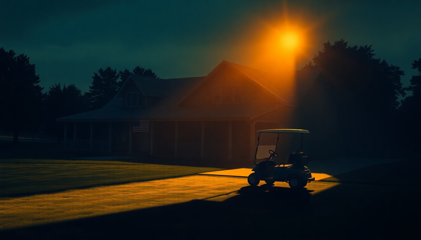 A serene, cinematic painting of a solitary golf cart parked outside an empty clubhouse, the scene bathed in warm, diagonal sunlight and deep shadows, conceptually representing the controversy over the former president's golf habit and its impact on public funds.