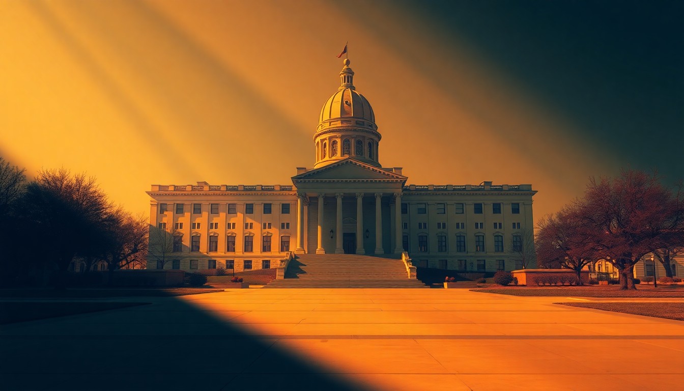 A quiet, cinematic painting of the North Dakota state capitol building, its grand architecture and empty steps bathed in warm, diagonal sunlight and deep shadows, conveying a sense of political uncertainty and division.