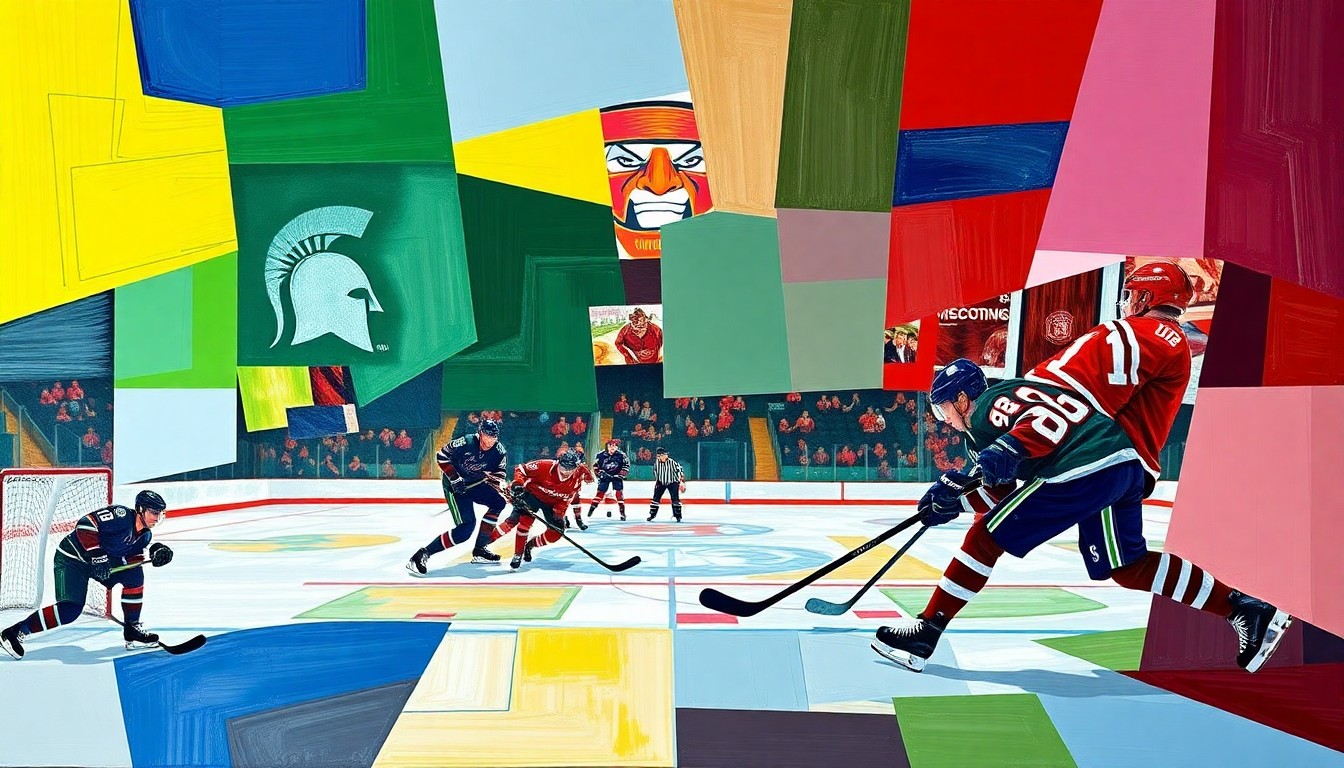 A fragmented, geometric painting in vibrant blues, greens, and reds, depicting the dynamic action and competing perspectives of a hockey game.