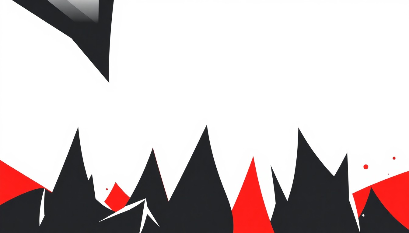 A dynamic, abstract composition of angular black shapes against a bright red background, conceptually representing the diverse film programming and creative spirit of the Julien Dubuque International Film Festival.