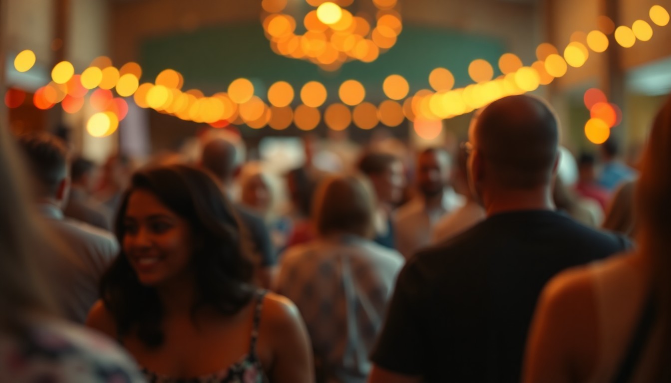 An abstract, out-of-focus photograph featuring blurred shapes and warm, colorful lighting, conveying the welcoming and inclusive atmosphere of a community gathering in Dale City.