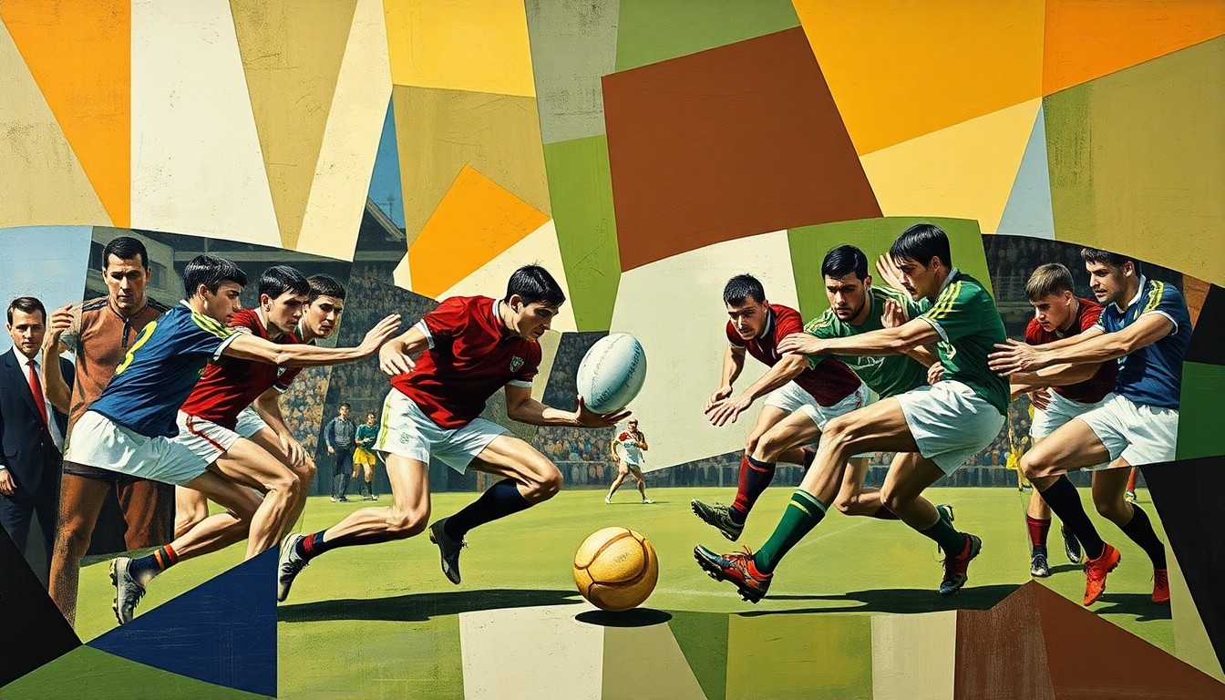 A cubist, geometric painting depicting a Gaelic football match, with the players and ball represented through fractured, overlapping planes of color and shape, capturing the dynamic energy of the game.