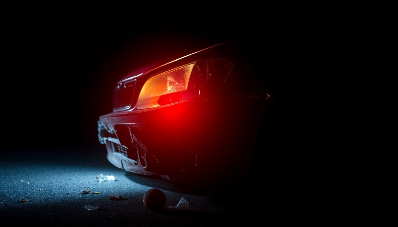 An extreme close-up photograph of a damaged car part or piece of physical evidence from the crash site, lit by a harsh, direct camera flash against a pitch-black background, conceptually illustrating the gritty details of a vehicular collision.