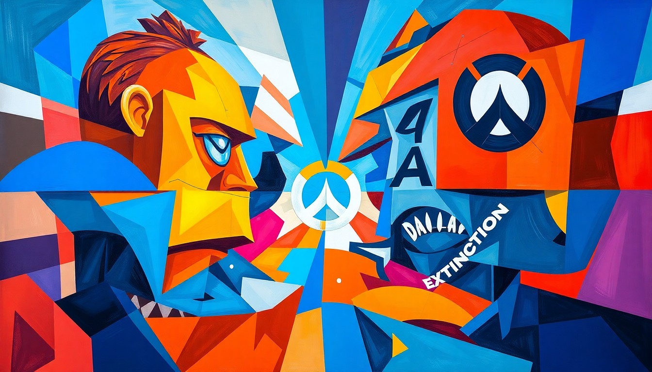 A fractured, multi-perspective painting depicting an Overwatch match, with sharp geometric planes in the team colors of the Dallas Fuel and Extinction, capturing the strategic depth and dynamic action of competitive esports.