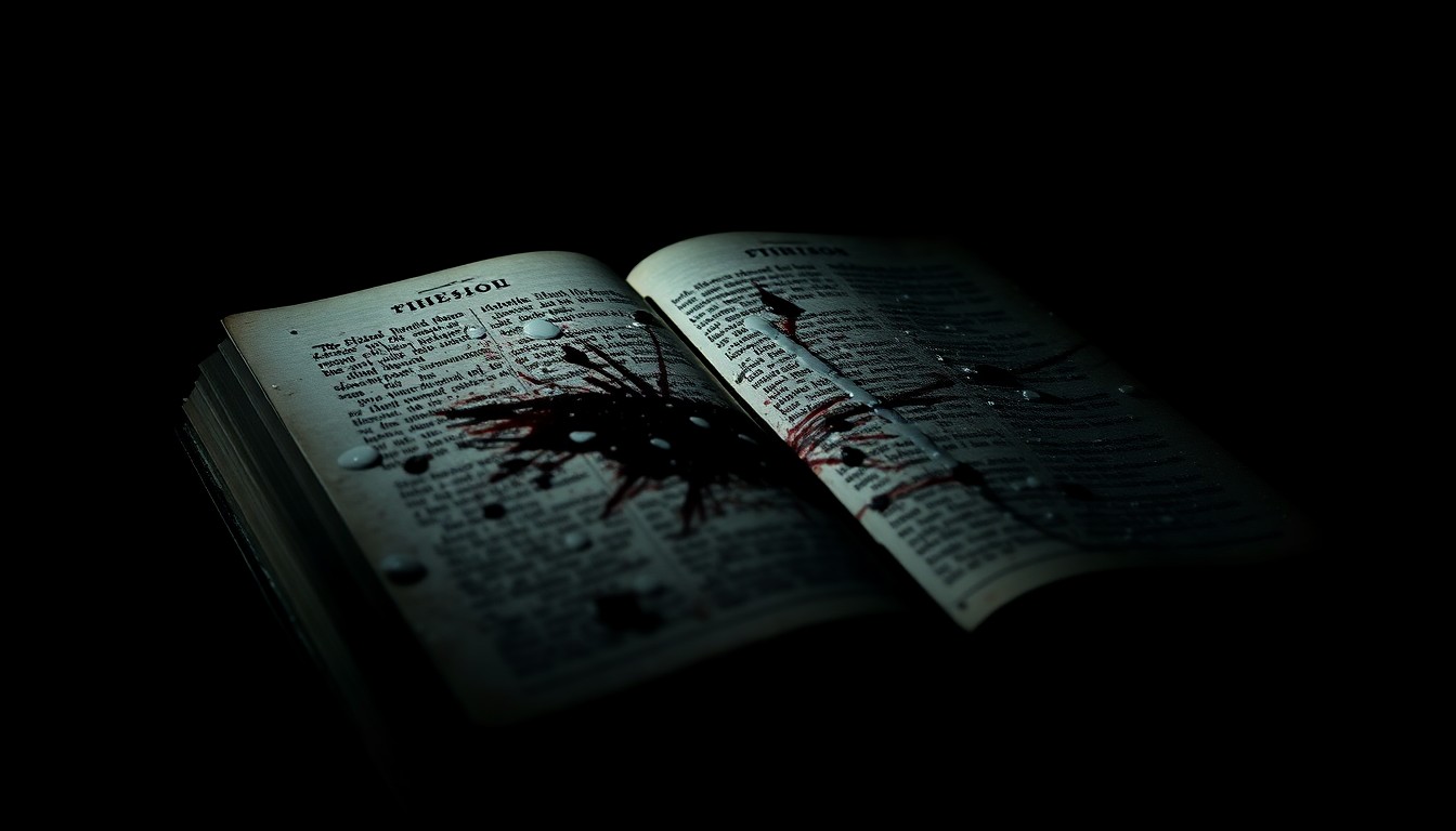 An extreme close-up photograph of a religious text or object defaced with an unknown substance, lit by a harsh, direct camera flash against a pitch-black background, conceptually illustrating the vandalism and desecration of sacred items.