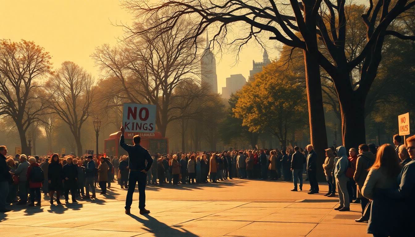 A serene, cinematic painting depicting a lone protester holding a 'No Kings' sign in the foreground, with a crowd of demonstrators and the park scenery visible in the background, all rendered in warm, textured brushstrokes and dramatic lighting.