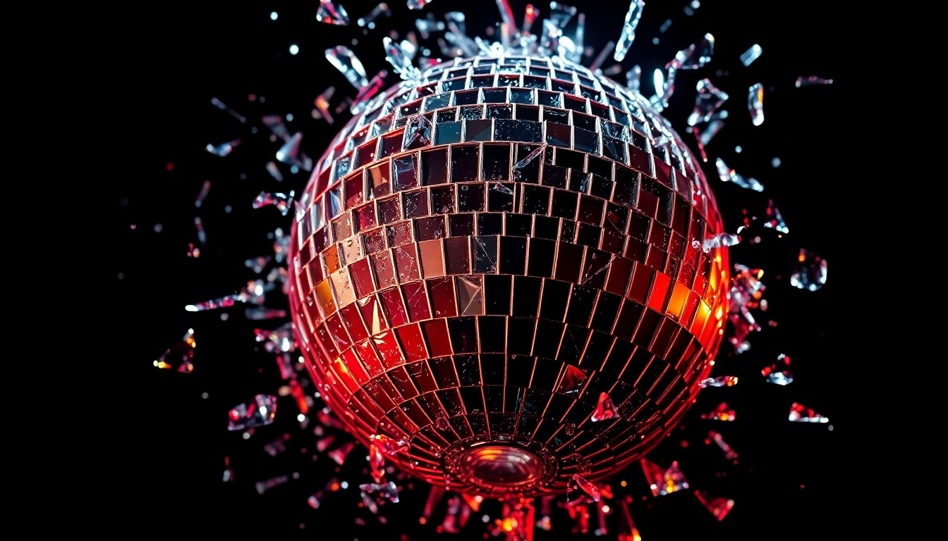 An extreme close-up of shattered, glittering glass fragments reflecting dramatic studio lighting, conceptually representing the complex legacy of a beloved entertainment figure.