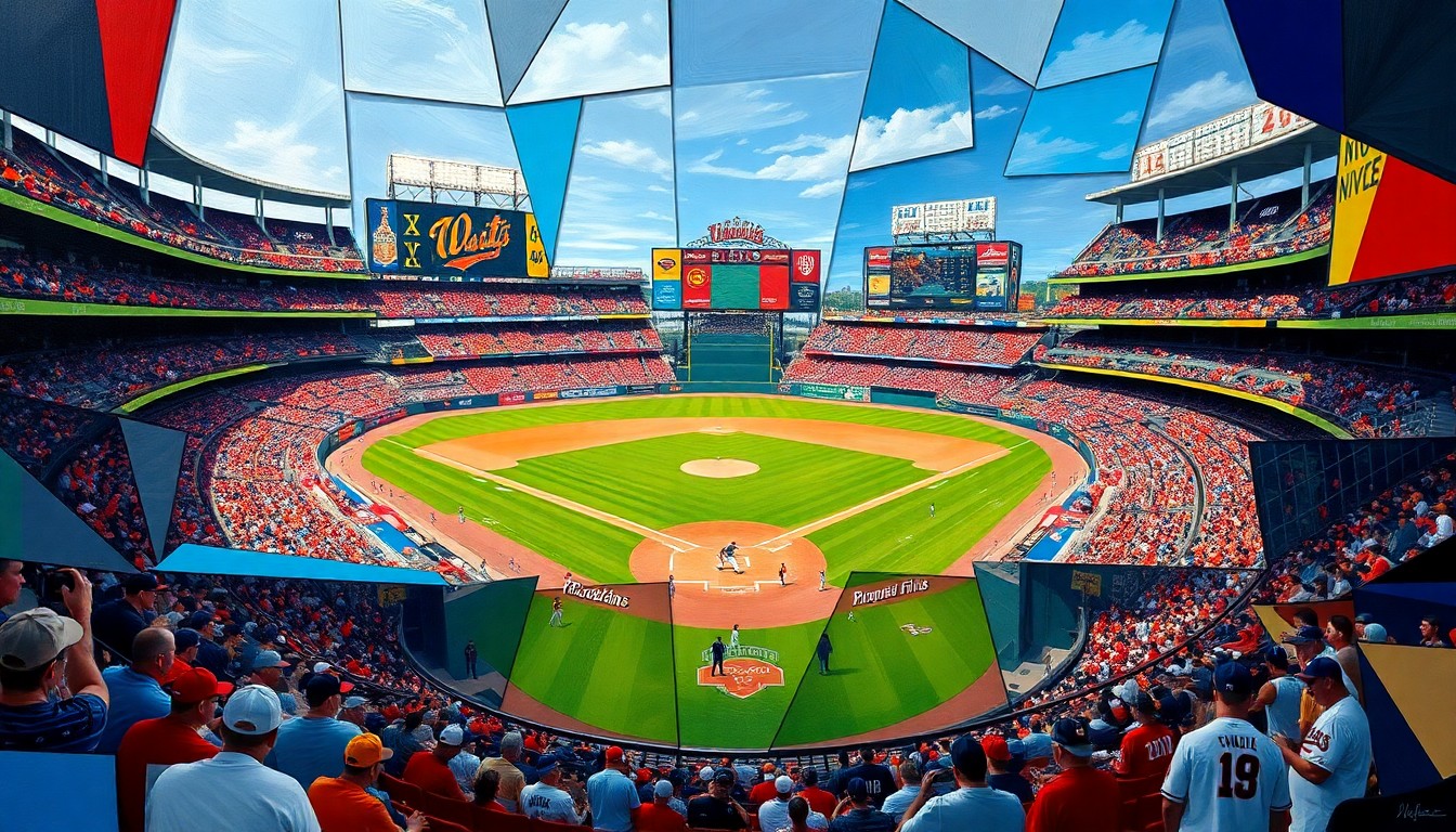 A fragmented, geometric painting in the style of Pablo Picasso, depicting a baseball game at Progressive Field in Cleveland broken down into sharp, overlapping planes of color representing the energy and action of the sport.