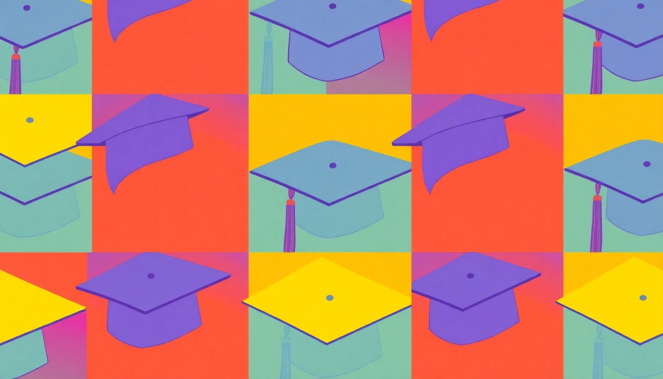 A bold, colorful silkscreen print featuring a repeating pattern of a mortar board graduation cap, conceptually representing the leadership transition at North Dakota State University.