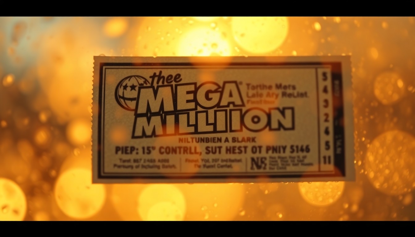 An extremely blurred, dreamlike image of a Mega Millions lottery ticket floating in a hazy, golden-hued wash of light and color, conveying the excitement and anticipation of a surprise windfall.