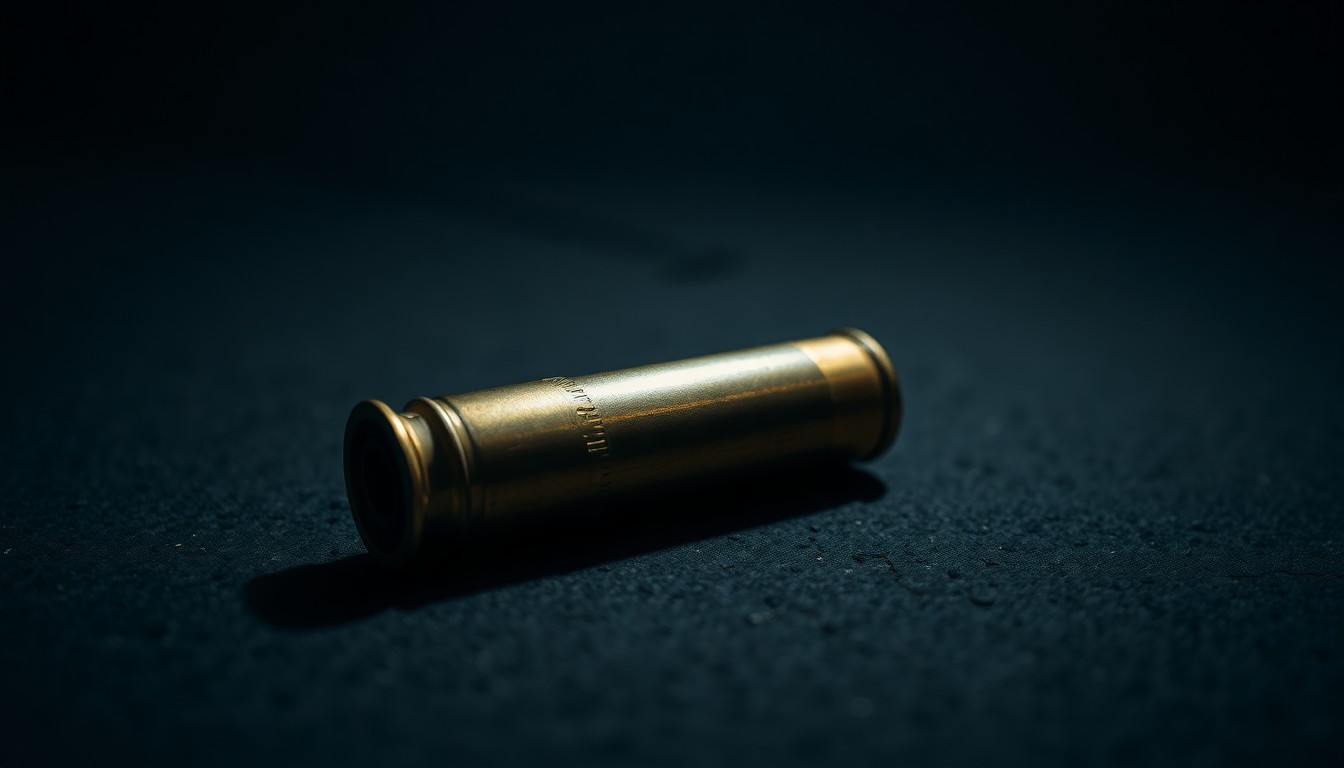 An extreme close-up photograph of a single spent shell casing on a dark concrete surface, conceptually illustrating the aftermath of a shooting incident.