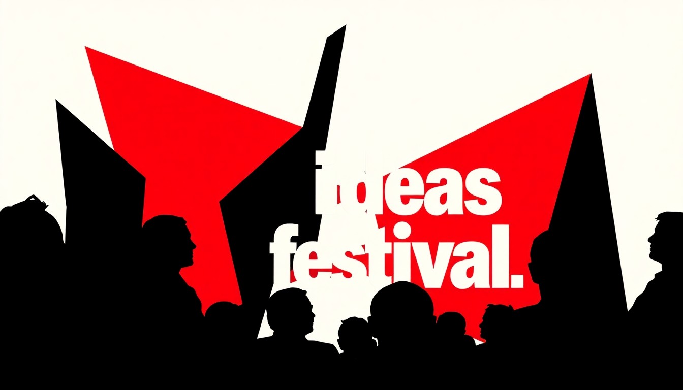 A minimalist, abstract illustration featuring bold, jagged shapes in contrasting colors, representing the exchange of ideas and perspectives at the Cascade PBS Ideas Festival.