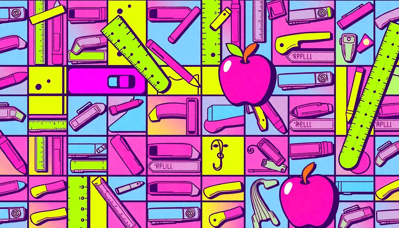 A bold, colorful grid of a teacher's desk object repeated in neon shades, capturing the energy and creativity of an exceptional educator.