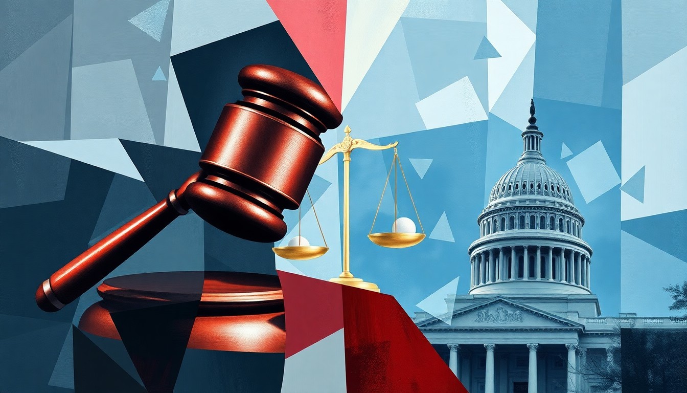 A heavily textured, fragmented painting in shades of blue, grey, and red depicting overlapping, repeated images of political symbols like a gavel, scales of justice, and a government building, conveying a sense of polarization and conflict over the use of public resources.