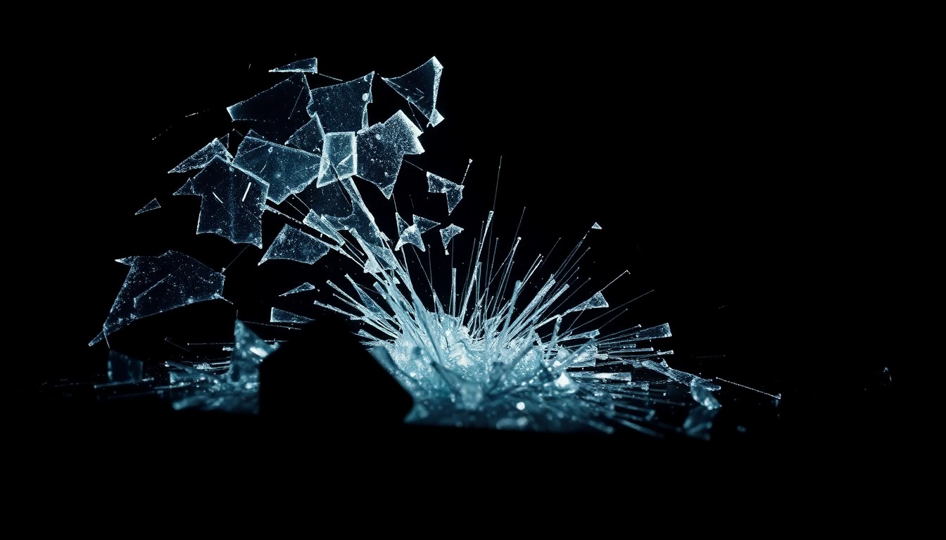 An extreme close-up photograph of shattered glass from a car crash, capturing the stark, gritty aftermath of a tragic incident on the road.