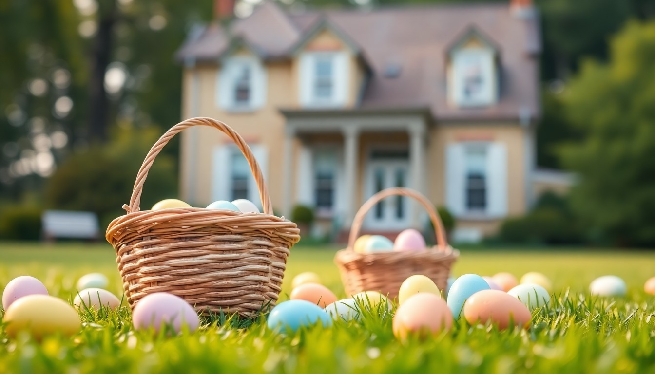 A soft, dreamy photograph of Easter baskets and eggs on a lawn, with a historic house in the blurred background, conveying the warm, celebratory atmosphere of the Carroll House's annual Easter event.