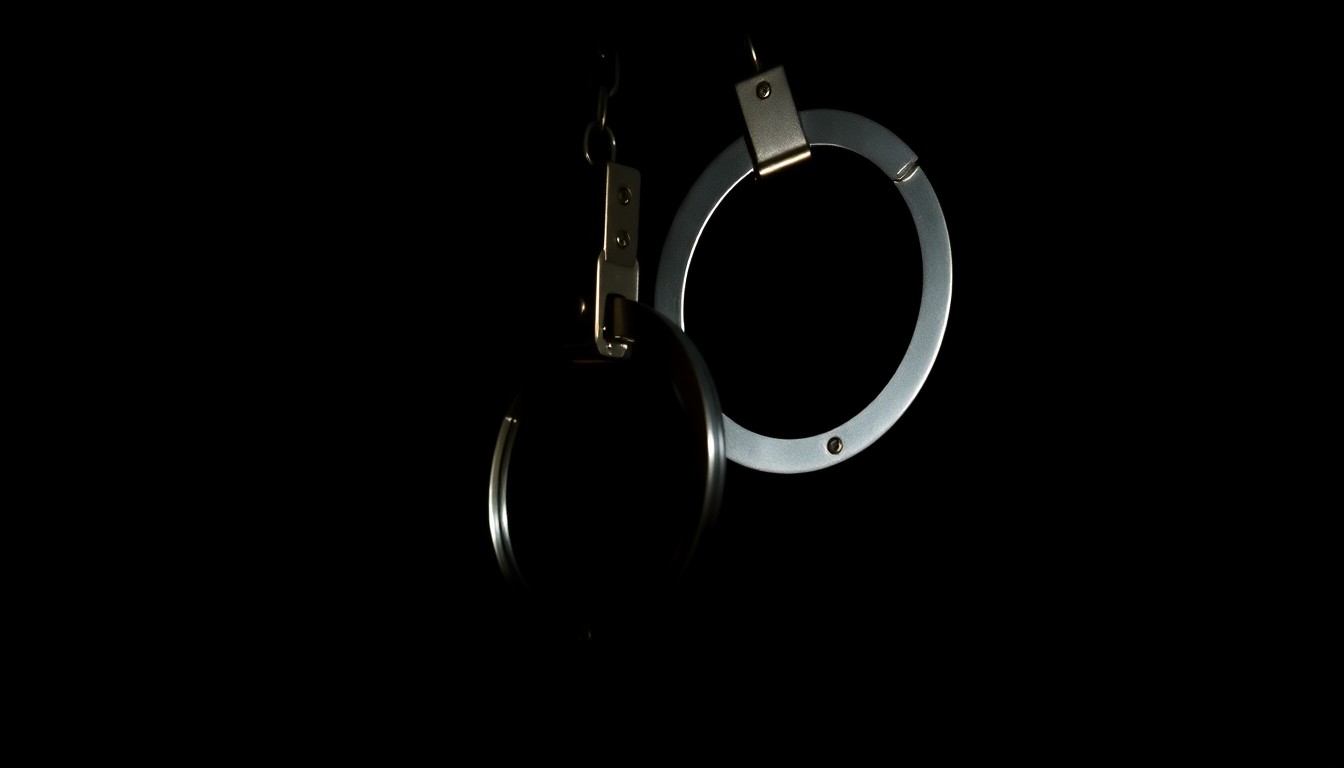 An extreme close-up photograph of a set of handcuffs against a pitch-black background, capturing the stark, gritty aesthetic of a criminal investigation.
