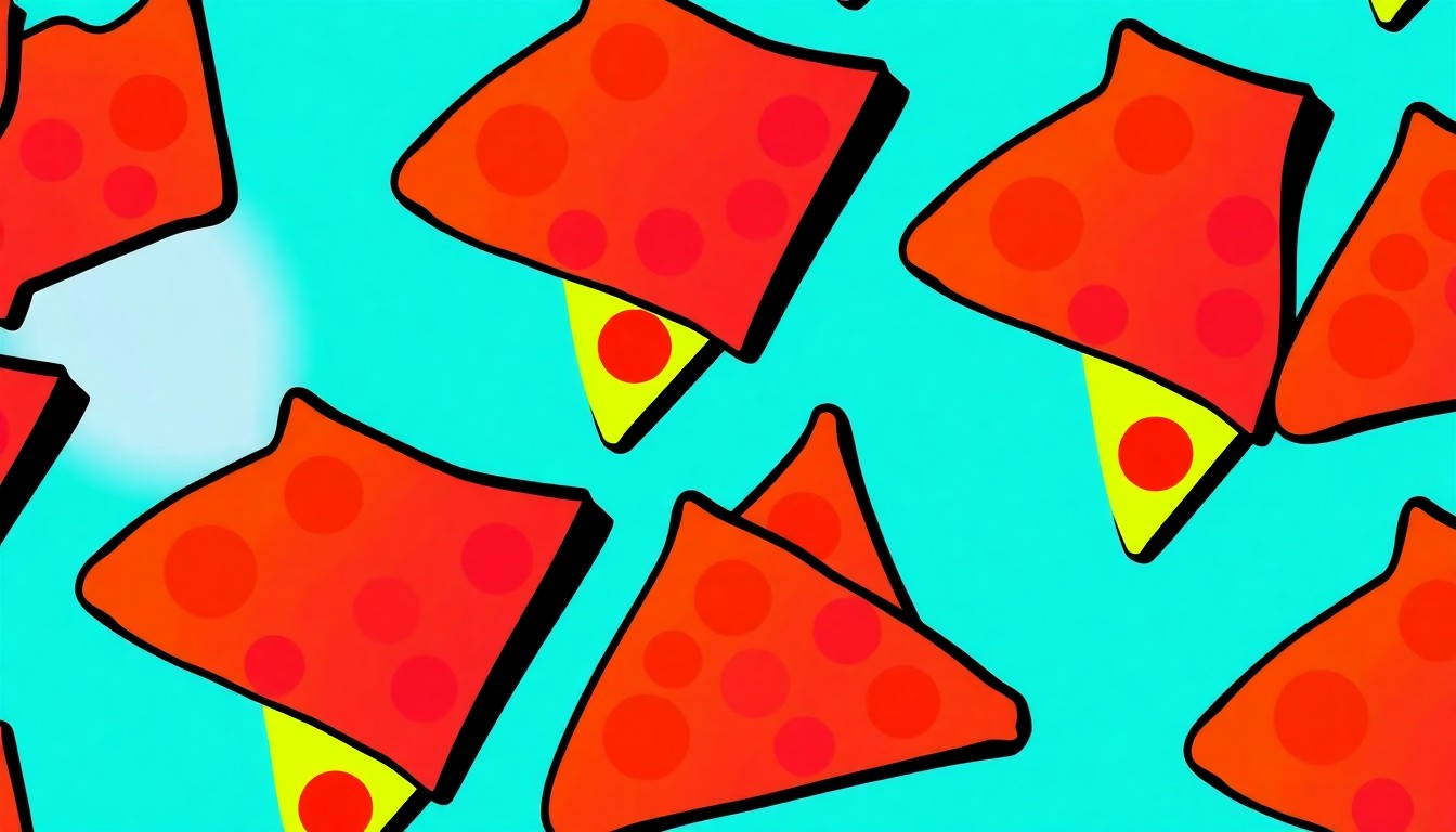 A bold, colorful silkscreen-style illustration featuring a repeating pattern of a single deep-dish pizza slice, capturing the iconic cheese pull and the retro, nostalgic feel of the longtime Petaluma pizzeria.