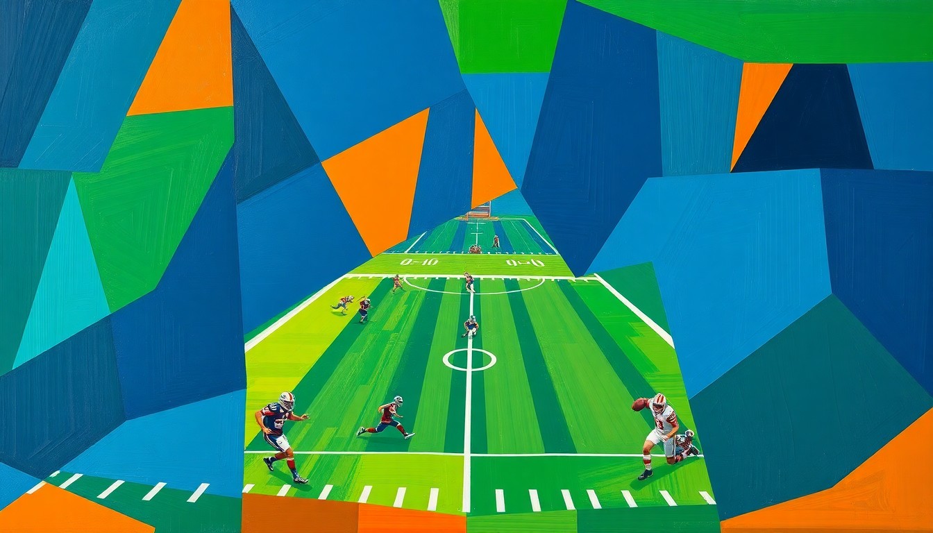 A dynamic, cubist-style painting depicting a flag football game, with the players and field broken down into sharp, overlapping geometric shapes in a bold color palette, conveying the sport's fast-paced energy and potential for growth.