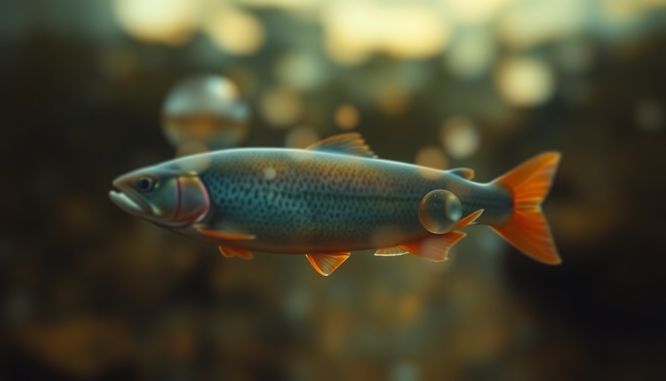 An extremely abstracted, out-of-focus photograph in warm, soft tones depicting the blurred silhouette of a trout swimming in a gentle stream, conceptually representing the serene and peaceful experience of trout fishing in New York.