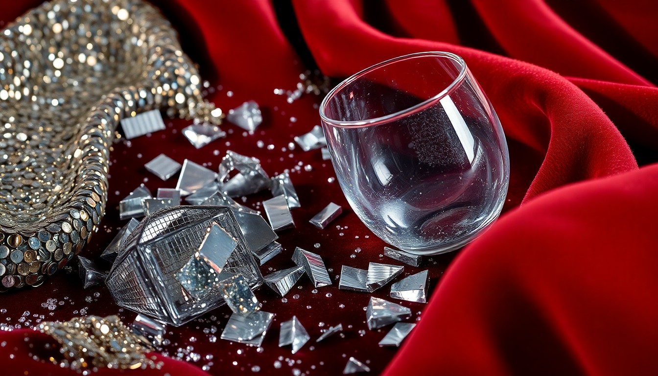 An extreme close-up photograph of shimmering, high-contrast sequins and shattered glass, capturing the glitz and glamour of celebrity culture in an abstract, textural composition.