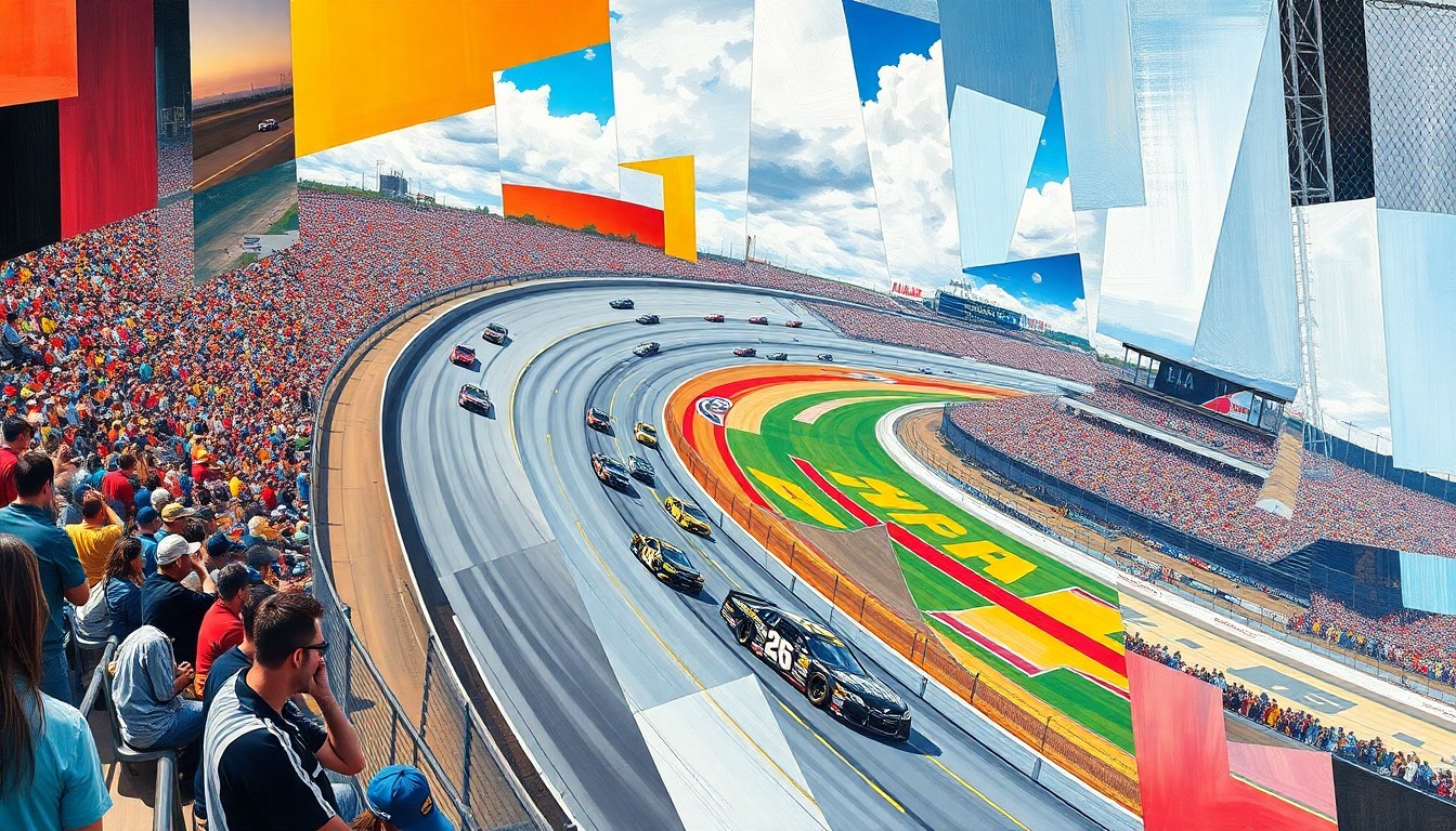A cubist, geometric painting depicting a NASCAR race at Martinsville Speedway, with the cars, track, and grandstands broken down into sharp, overlapping planes of vibrant colors.
