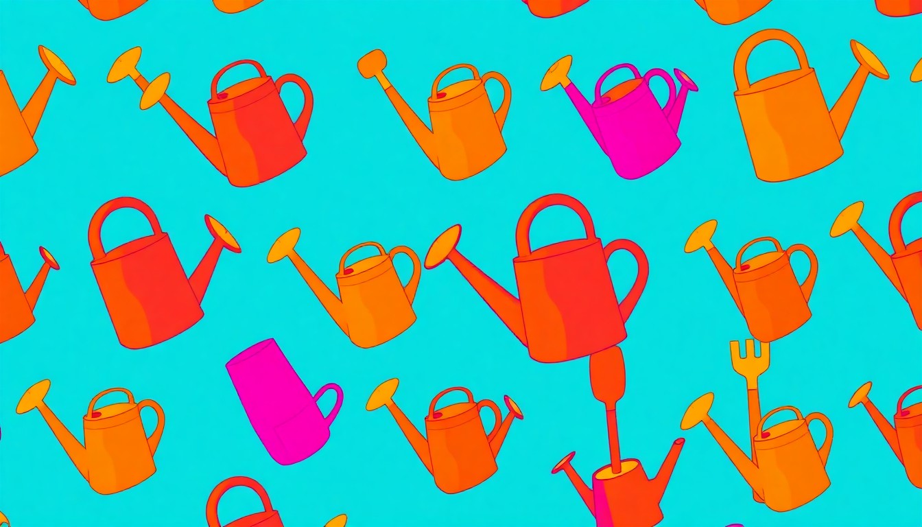 A grid of brightly colored, high-contrast silkscreen images of a gardening tool, conceptually representing the intersection of quilting and gardening traditions in Indiana.