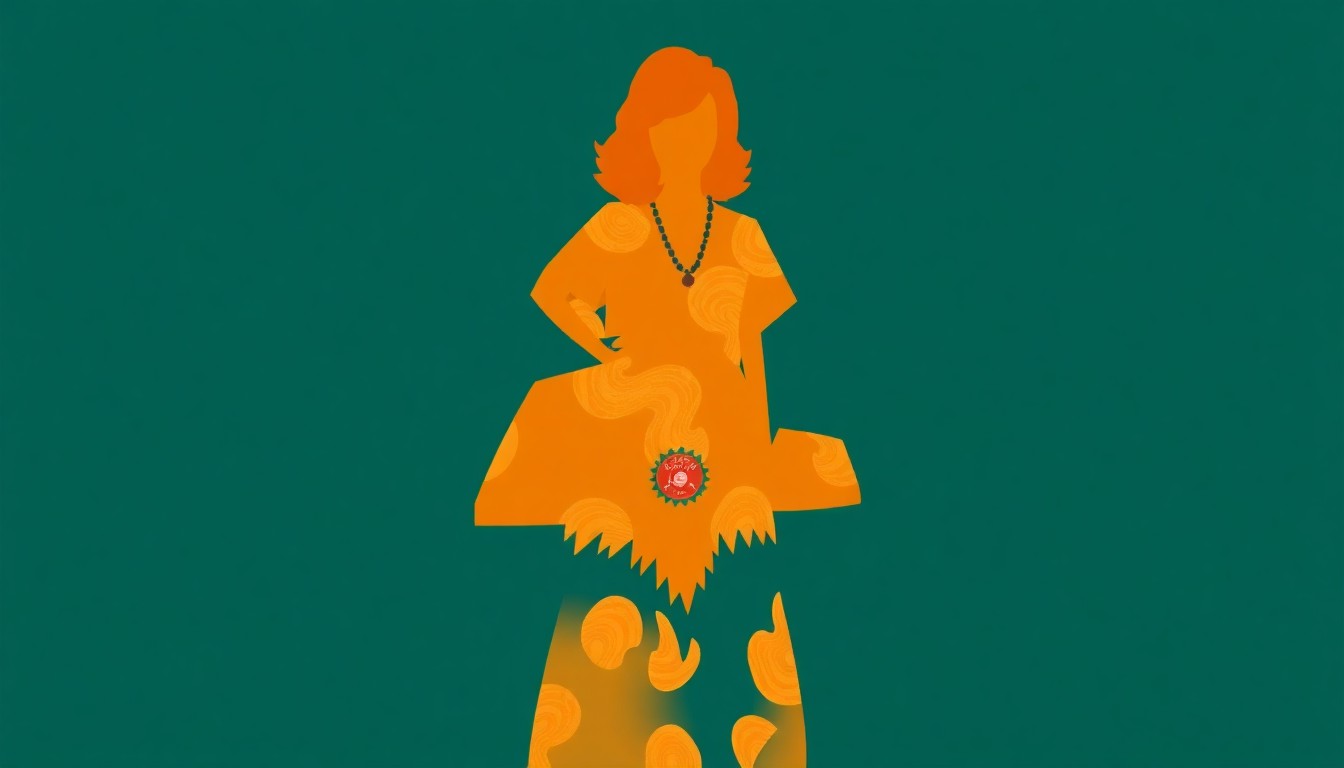 A vibrant, abstract illustration featuring bold, geometric shapes in warm, retro colors, conceptually representing the iconic caftan silhouette of the character Mrs. Roper from the 1970s TV show Three's Company.