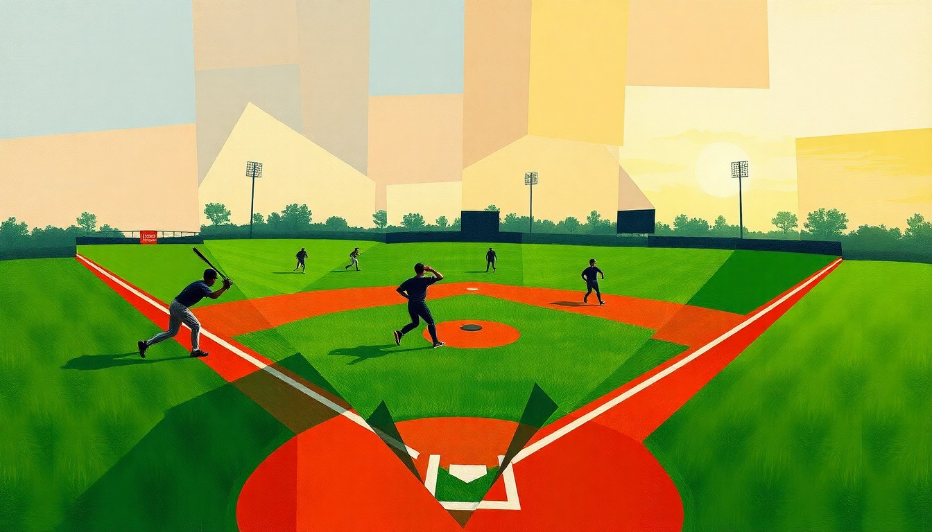 A cubist, geometric painting depicting the chaotic action of a high school baseball game, with overlapping planes of green, red, and silhouetted players in motion.