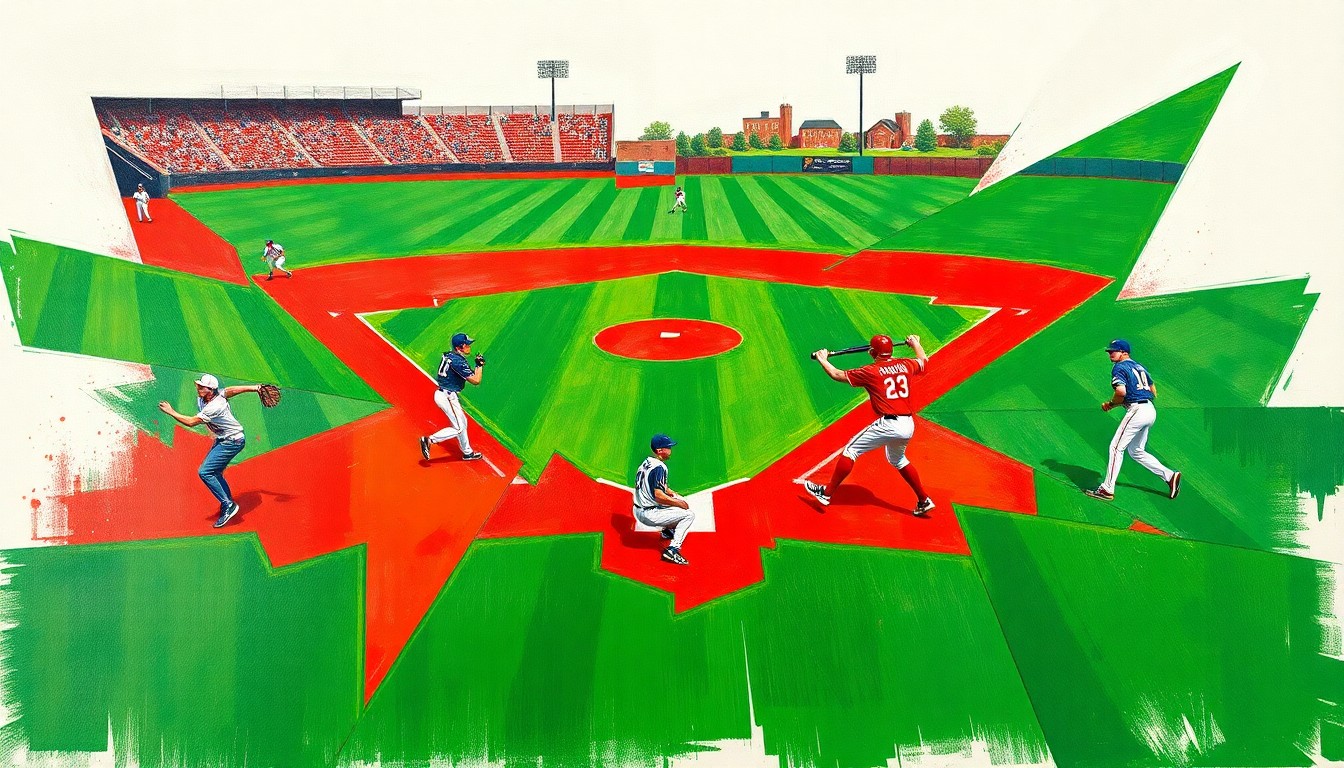 A cubist, geometric painting depicting the dynamic action of a high school baseball game, with overlapping planes of color representing the players, field, and uniforms of the competing teams.