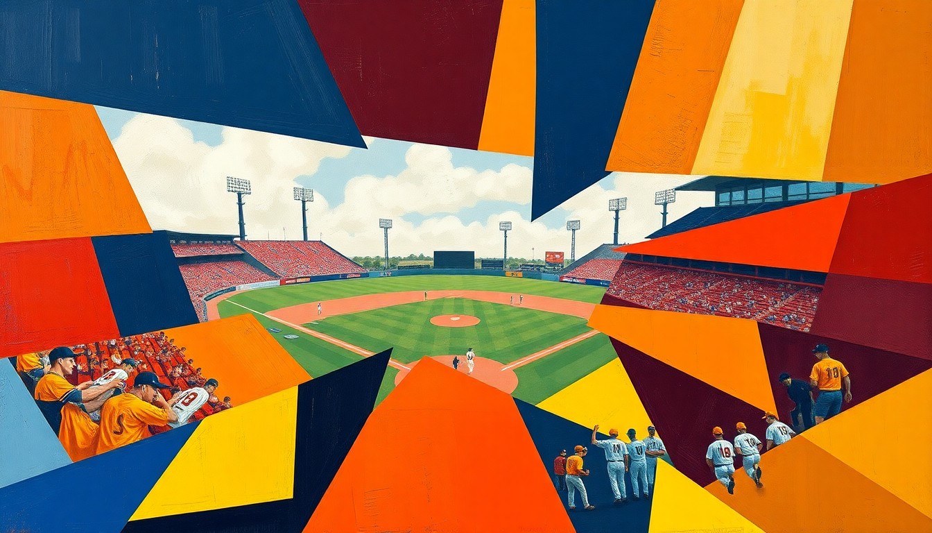 A fractured, cubist-style painting depicting a baseball game, with the players and field broken down into sharp, overlapping planes of navy blue, orange, maroon, and gold.