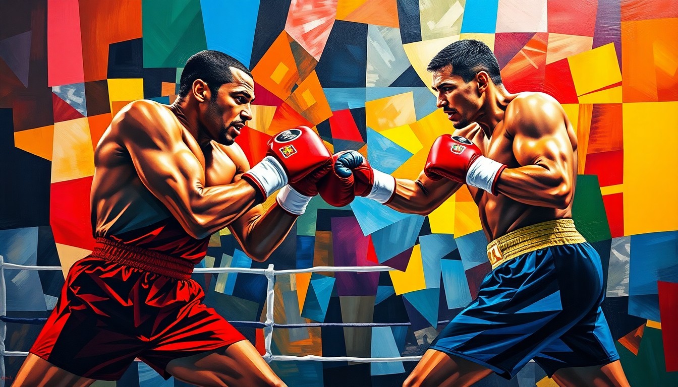 A cubist, geometric painting depicting a boxing match between two fighters, with their forms fractured and overlapping in a dynamic, abstract composition using vibrant colors.