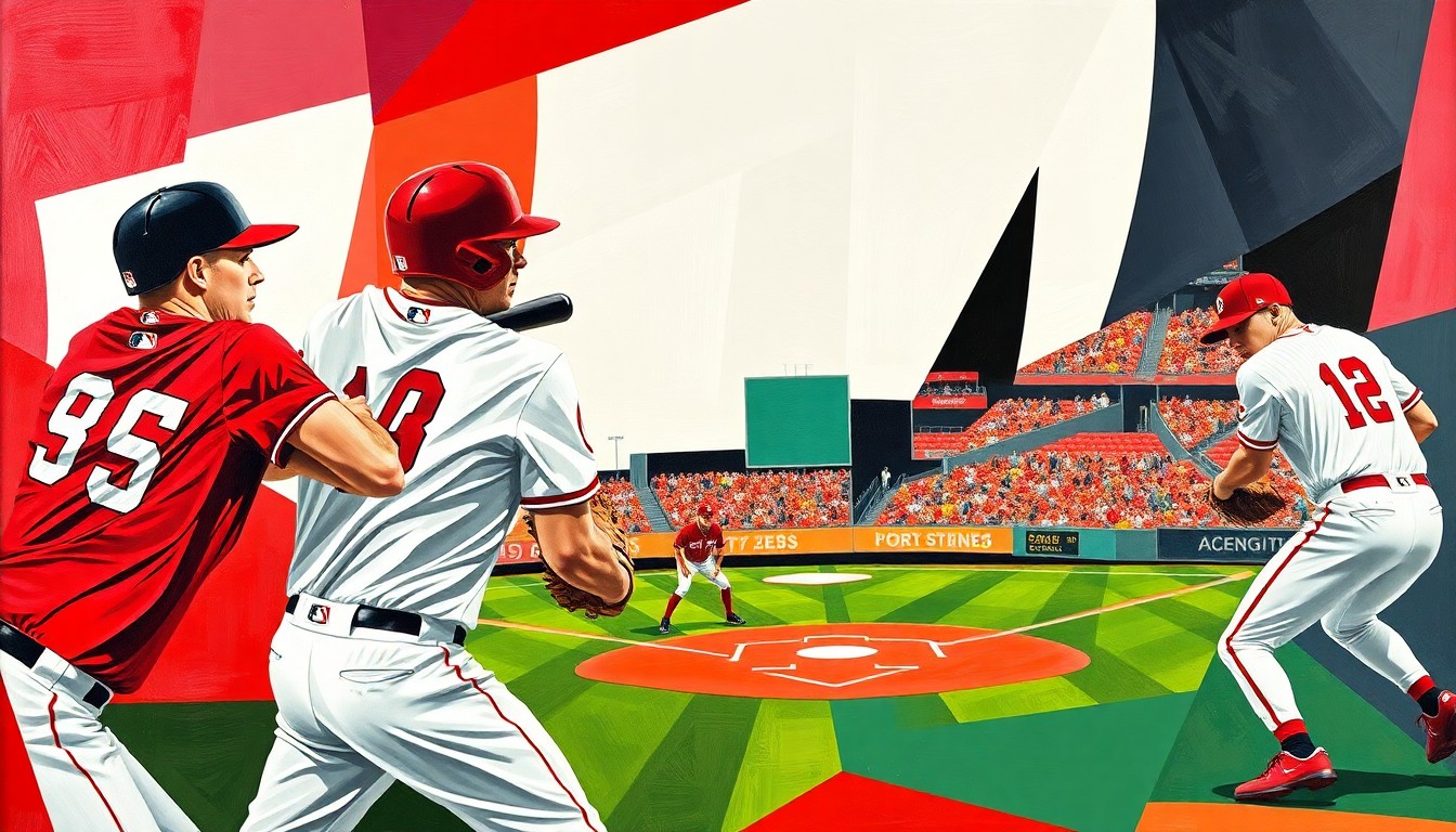 A dynamic, abstract painting in the style of Pablo Picasso, featuring overlapping geometric shapes and planes in the Reds' team colors, conceptually representing the talented young players expected to lead the Dayton Dragons this season.