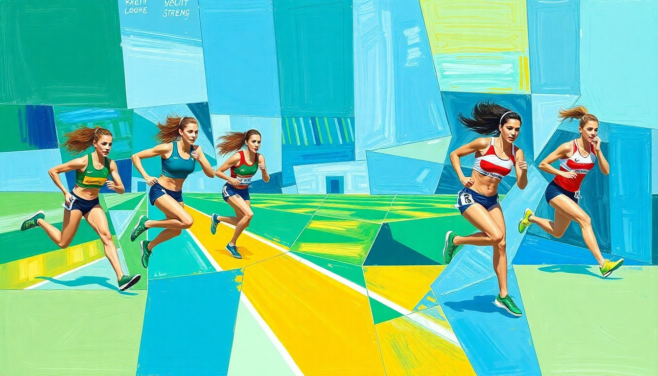 A fractured, geometric painting depicting the dynamic movement and competition of a women's track and field event, with sharp planes of color representing the athletes and their surroundings.