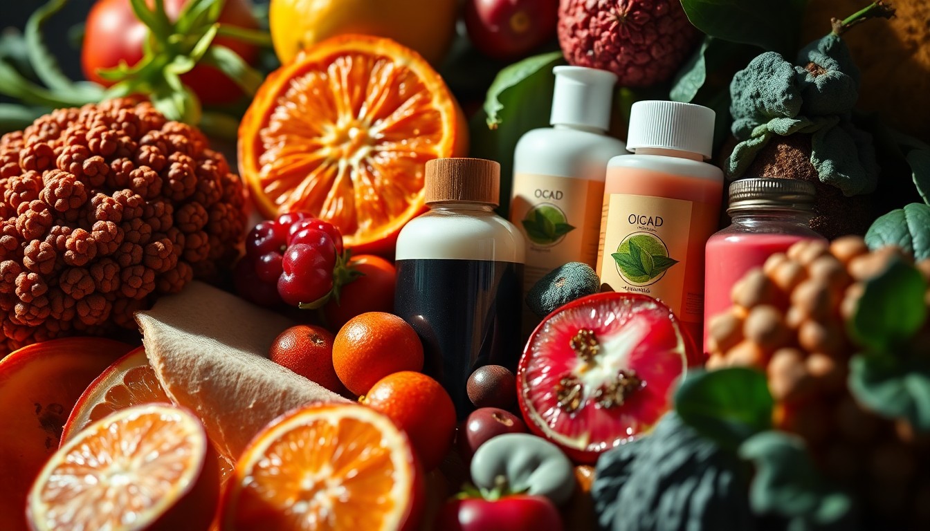 An extreme close-up of lush, textured organic produce and natural wellness products in a range of earthy greens, vibrant reds, and warm browns, conceptually representing the joyful community spirit of a local grocery store anniversary celebration.