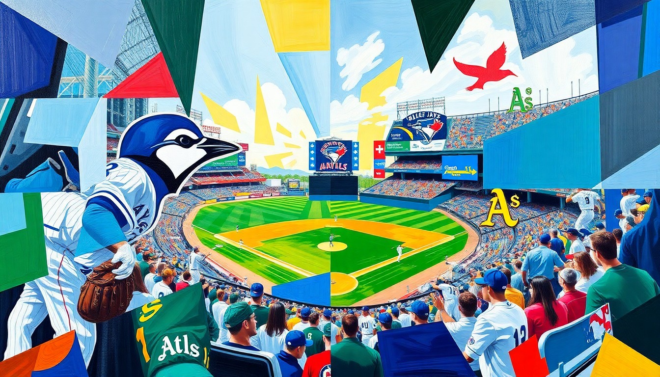A fragmented, multi-angled painting depicting a baseball game between the Toronto Blue Jays and Oakland Athletics, with the players and field broken down into sharp, overlapping geometric shapes and planes in a vibrant color palette.