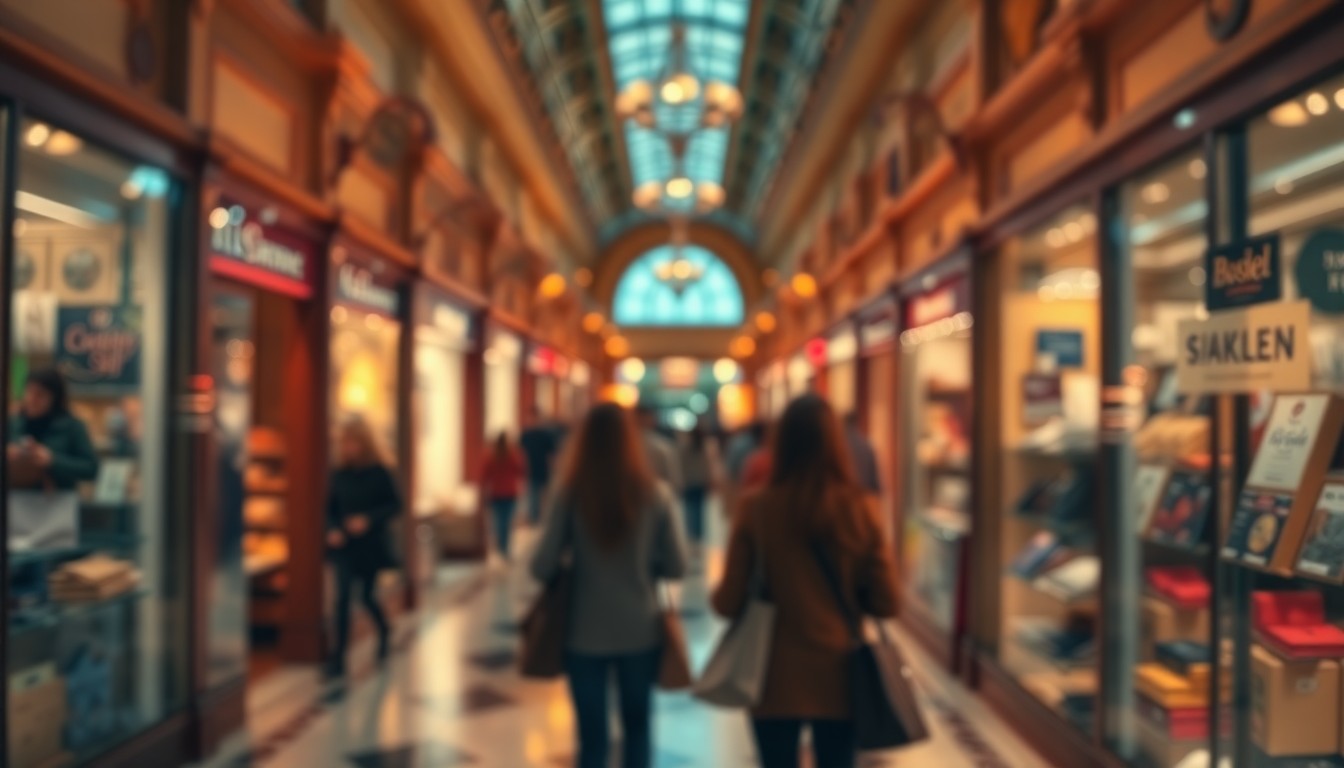 An extremely abstracted, out-of-focus photograph of shoppers in a classic department store, composed entirely of soft, warm pools of light and color, creating a nostalgic and dreamlike atmosphere.