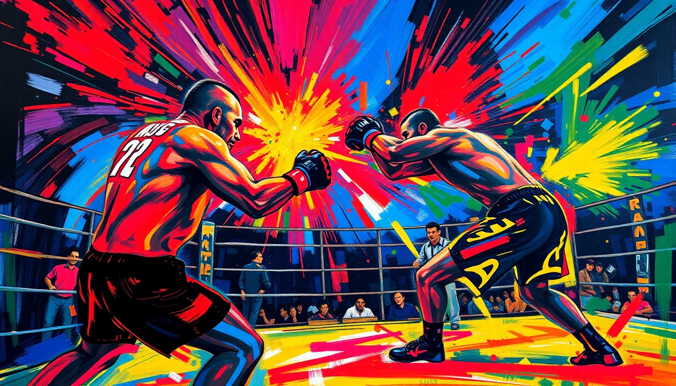An abstract, expressionist painting in vibrant neon colors, featuring dynamic, swirling shapes and distorted figures that evoke the chaos and intensity of a mixed martial arts fight, conceptually representing the competitive spirit of a fighter who refuses to quit.