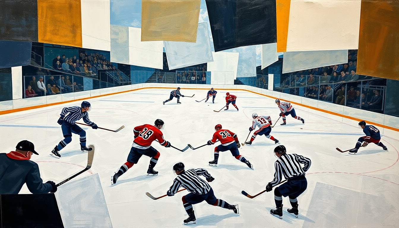 A cubist, geometric painting depicting the chaotic action of a hockey game, with fragmented shapes and planes representing the players, puck, and ice surface in motion.