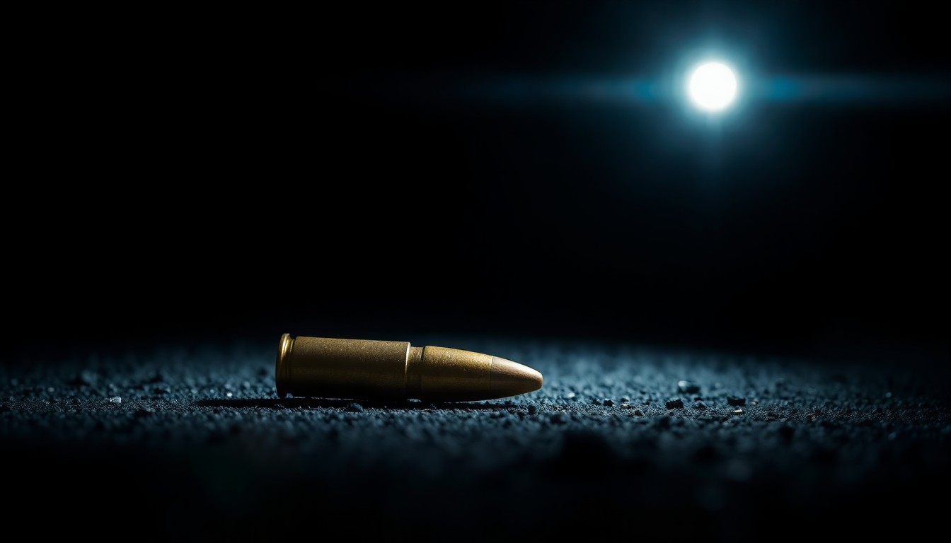 An extreme close-up photograph of a single spent shell casing on the ground, reflecting the harsh light of a camera flash in a dark setting, conceptually illustrating the aftermath of a shooting incident.