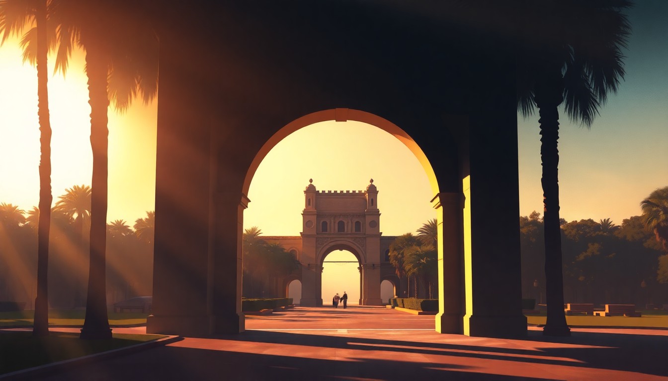 A serene, cinematic painting of the iconic Balboa Park archway, its stone facade and intricate details bathed in warm, golden light and deep shadows, conveying a sense of timeless elegance and the community's desire to preserve the park's legacy.
