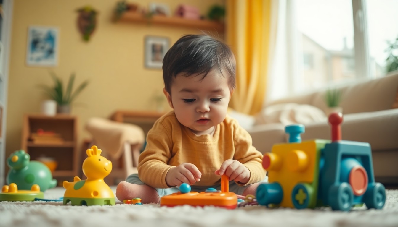 An abstract, out-of-focus photograph of a young child's hands playing with educational toys, surrounded by warm, blurred colors suggesting a nurturing home environment.