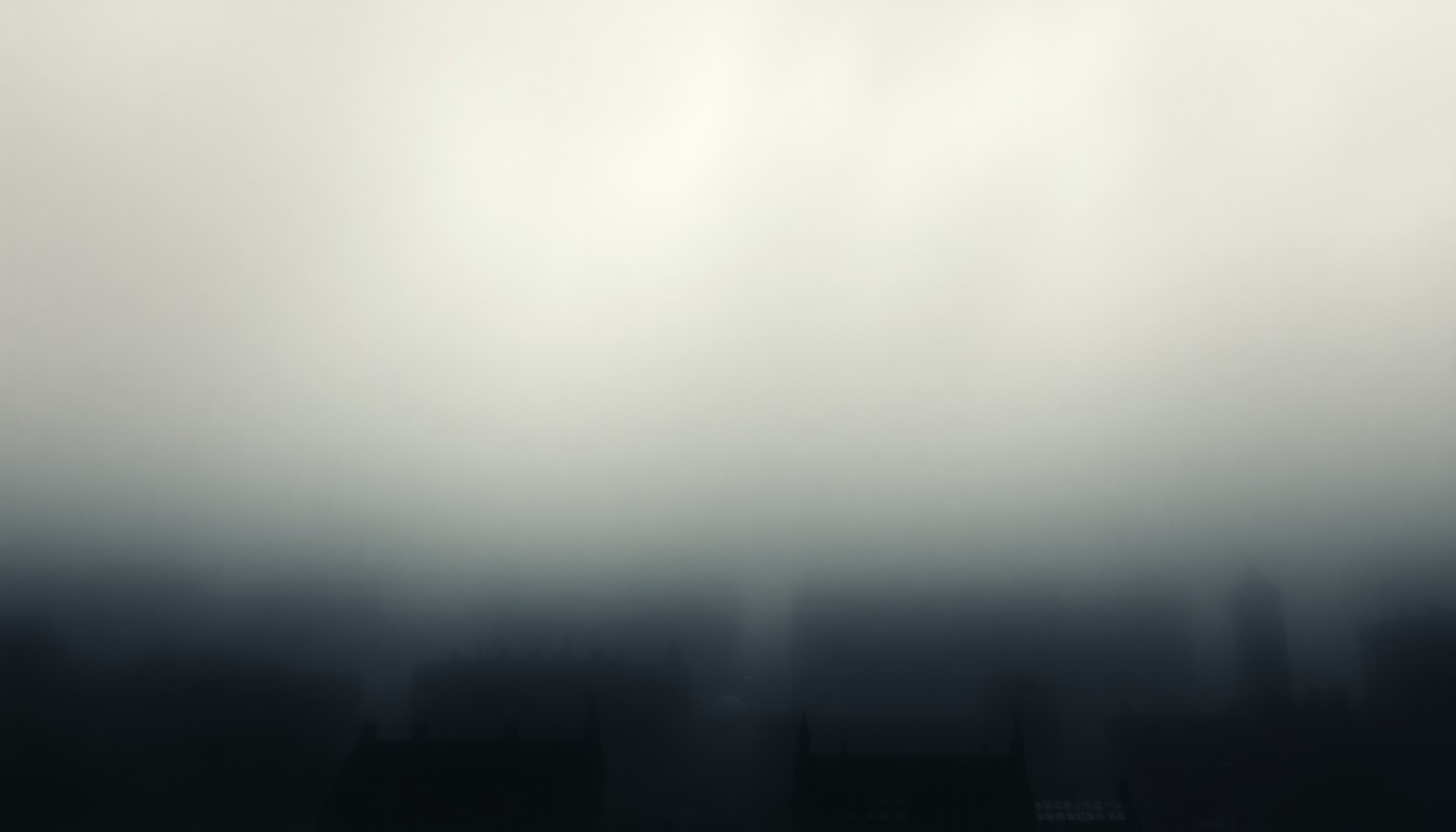 A moody, atmospheric landscape painting in muted tones, with only the faint outlines of buildings visible through a thick, obscuring fog, conveying a sense of isolation and the overwhelming power of nature.