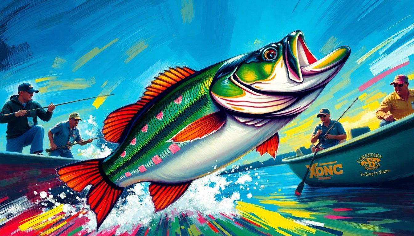 An extreme close-up of a massive leaping largemouth bass, its scales and fins rendered in a swirling, neon-tinged expressionist style that evokes the raw power and energy of a professional fishing tournament.