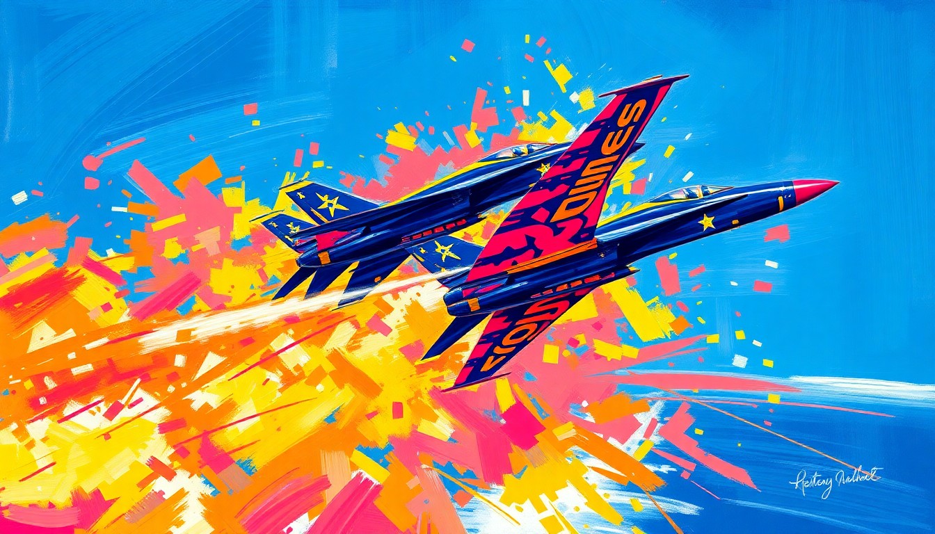 A textured, energetic painting in neon blues, yellows, and reds, capturing the dynamic motion and power of military jets performing aerial stunts over a coastal landscape.