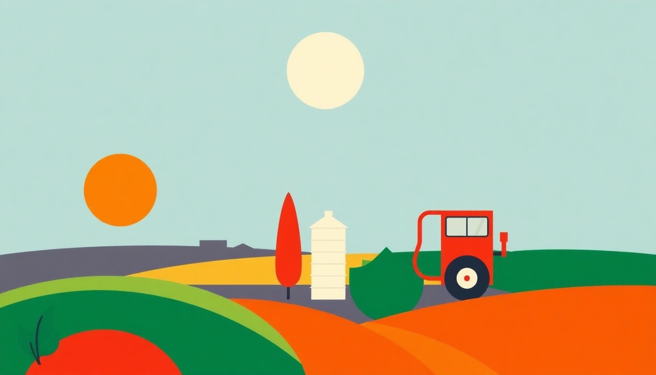 A geometric abstract illustration using bold shapes and primary colors to conceptually represent the economic pressures facing the agricultural industry due to rising fertilizer and fuel prices.