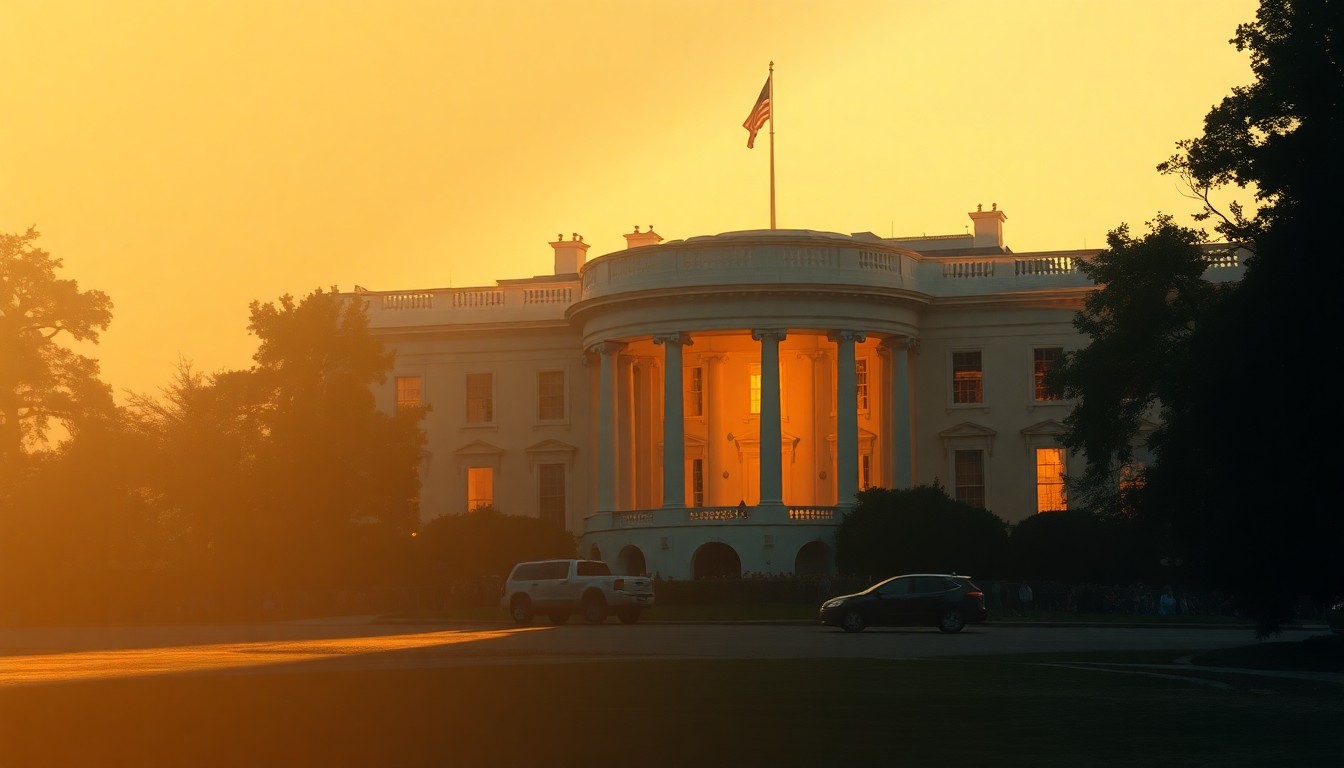 A cinematic painting depicting the demolition of the White House East Wing, with the structure bathed in warm, diagonal sunlight and deep shadows, conceptually illustrating the controversial nature of the renovation project.