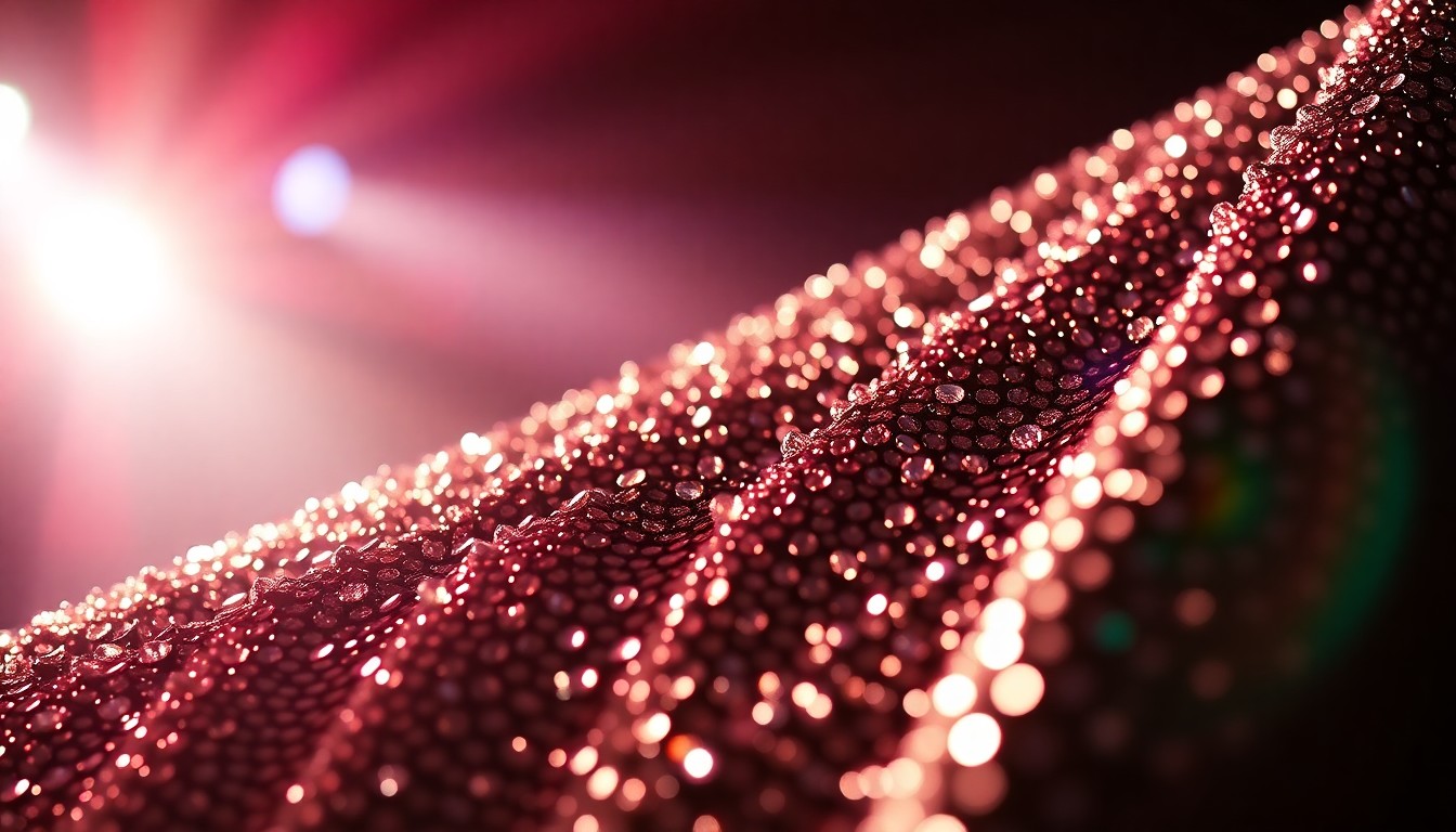 An abstract close-up image featuring a textured pattern of shimmering sequins and rhinestones, conveying the glamorous atmosphere of a live country music performance.