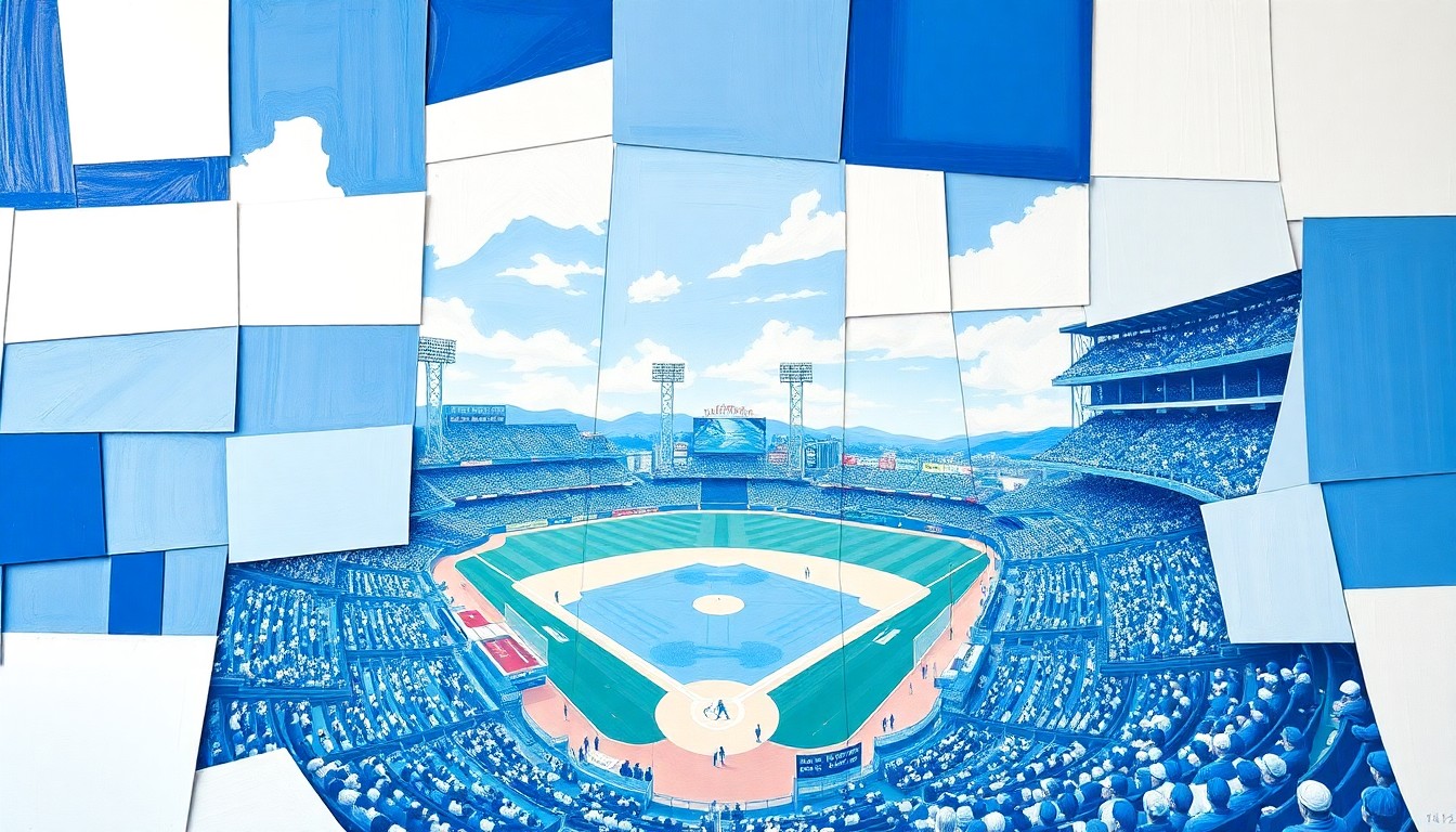 A cubist-style painting featuring fragmented geometric shapes and planes in shades of blue, representing the complex considerations around a professional sports team's stadium plans.