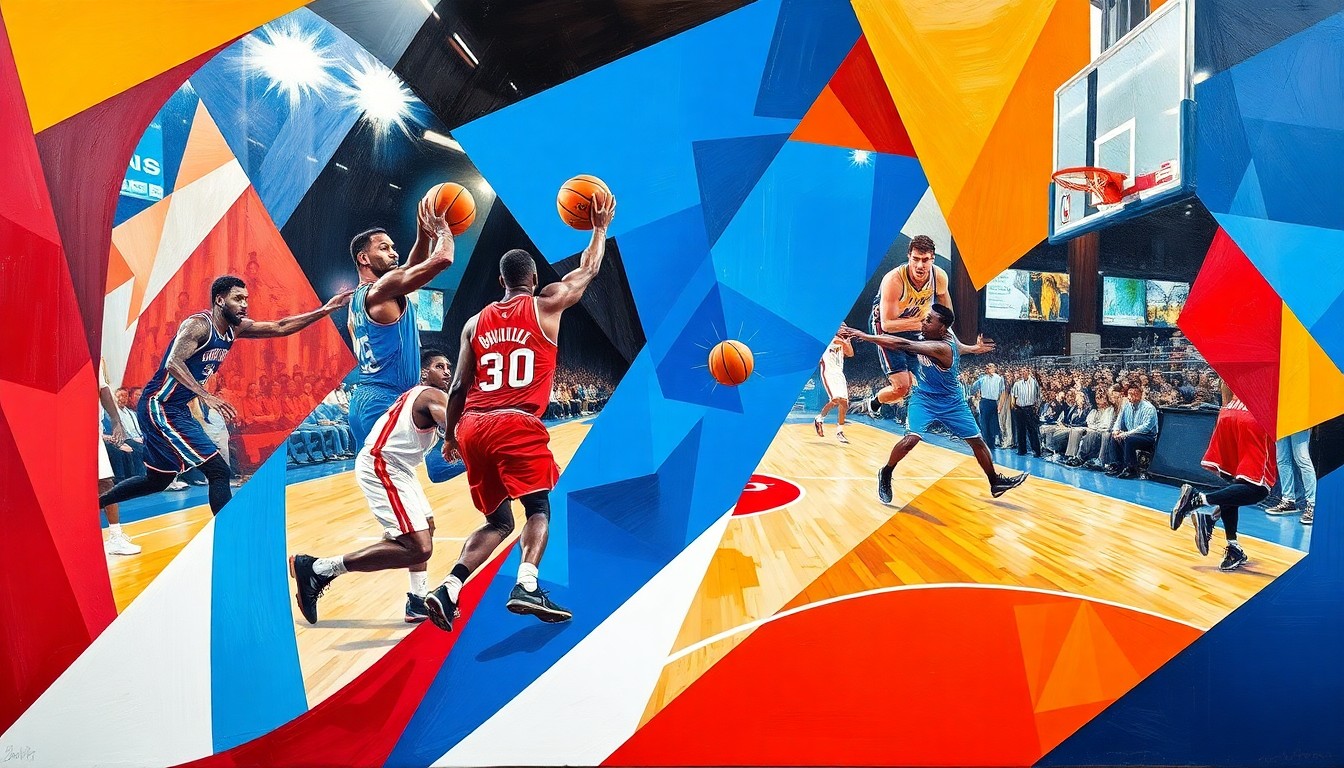 A fractured, cubist-style painting depicting the dynamic movements and energy of a basketball game, with the players and ball deconstructed into overlapping geometric shapes and planes in the team colors of the Detroit Pistons and Oklahoma City Thunder.